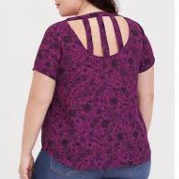 Torrid Purple / Black Floral Paisley Cage Strap Back Short Sleeve Blouse - Picture 1 of 13